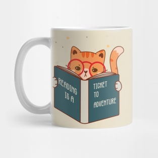 Reading is a ticket to Adventure, Cute Cat design, Kitty reader, bookworm Mug